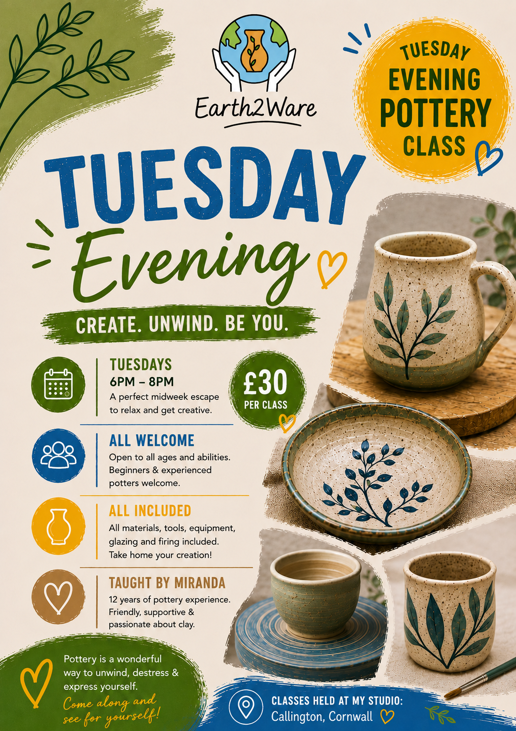 Pottery Class - Tuesday Evening 6.00-8.00pm
