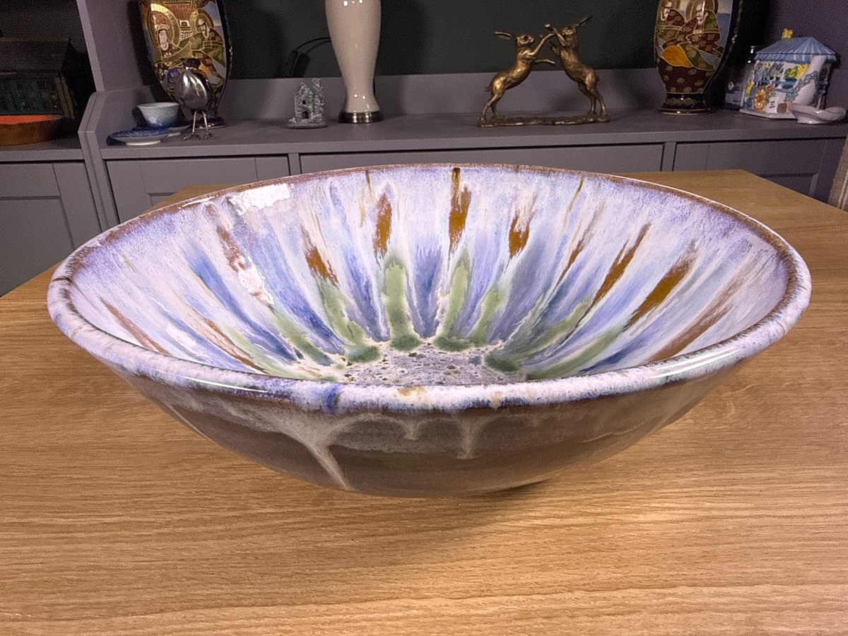 Large Handmade Stoneware Serving Bowl – 32cm | Blue Sage & Bronze Reactive Glaze | One of a Kind Pottery