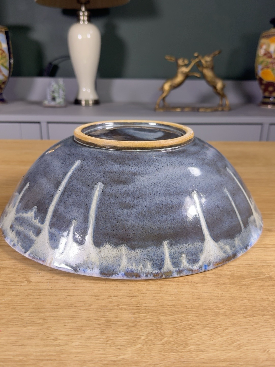 Large Handmade Stoneware Serving Bowl – 32cm | Blue Sage & Bronze Reactive Glaze | One of a Kind Pottery