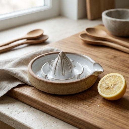 Ceramic lemon squeezer on a wooden cutting board with a lemon and kitchen utensils in the background.