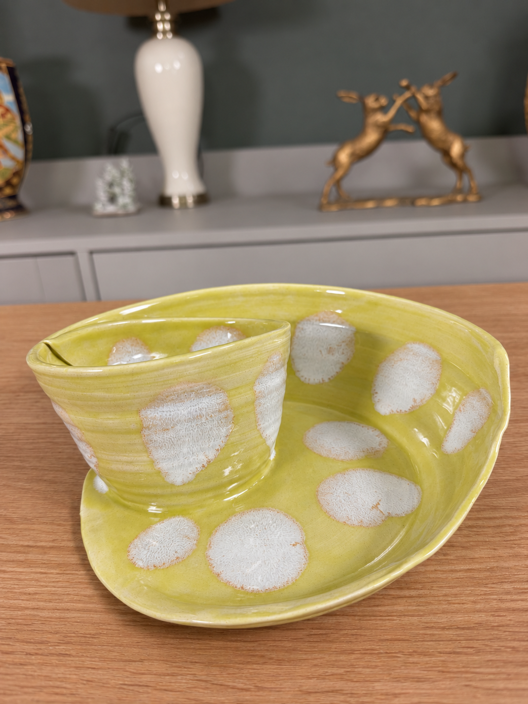 Lemon Yellow & White Stoneware Serving Platter with Dip Bowl handmade by Earth2Ware