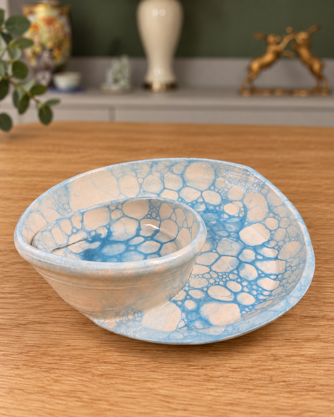 Powder Blue Bubble Glaze Stoneware Serving Platter with Dip Bowl