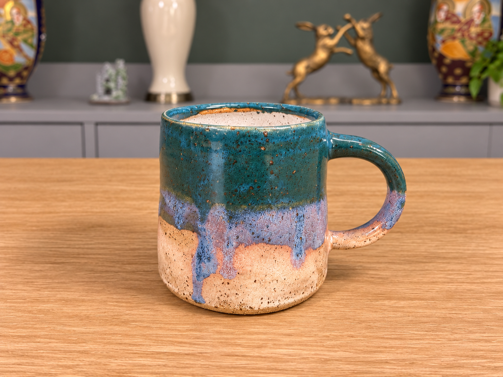 Teal & Lavender Drip Reactive Glaze Stoneware Mug handmade by Earth2Ware