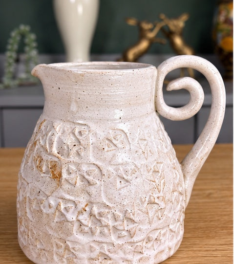 White textured handmade stoneware pitcher with spiral handle by Earth2Ware